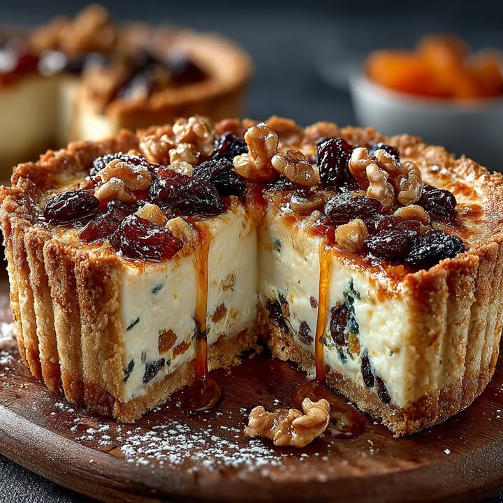 Torta Cremosa de Ricota com Mel, Nozes e Frutas Secas